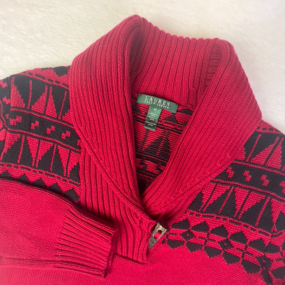 Lauren Ralph Lauren Sweater Womens M Red‎ Fair Isle Quarter Zip Pullover Cotton